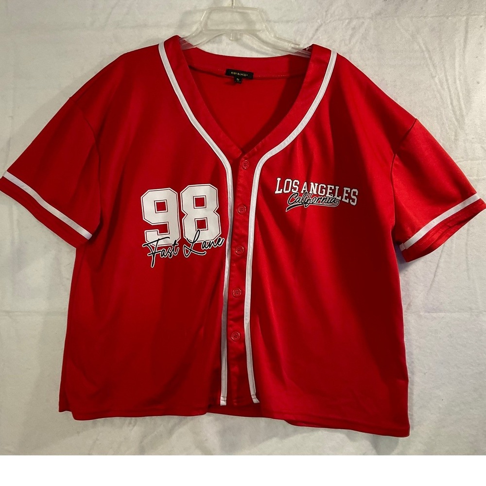 Ruby & Lace+ Baseball Jersey Womens 2X Red Los Angeles 98 Fast Lane Sporty Top